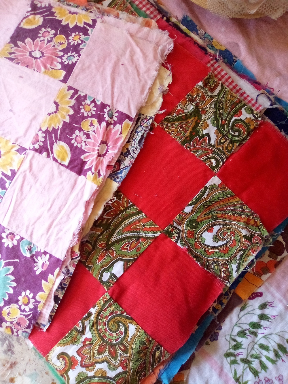 20 Mid Century 12 patch Quilt Blocks Feed sack fabric 12"